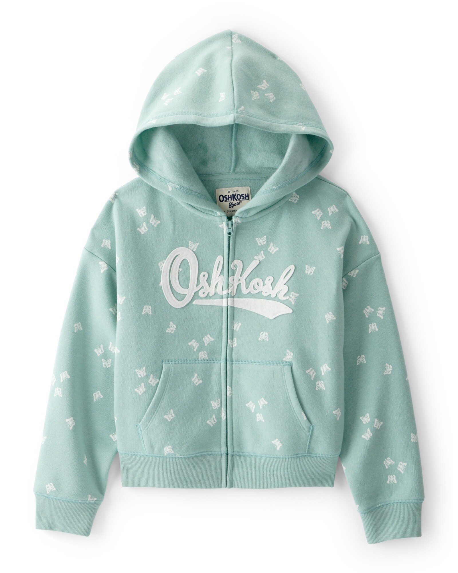 Campera de algodón con felpa, verde, diseño mariposas Sin color