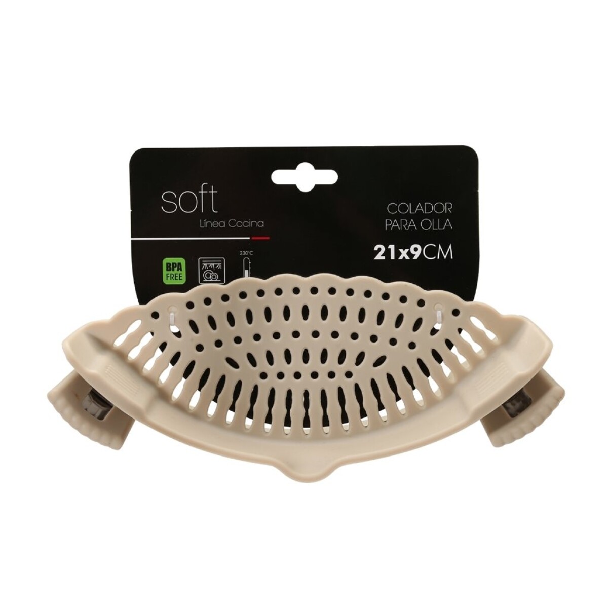 COLADOR SILICONA CON CLIP P/OLLA 21X9CM BEIGE 