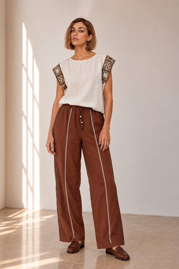 PANTALON LINO CRUZ MARRON