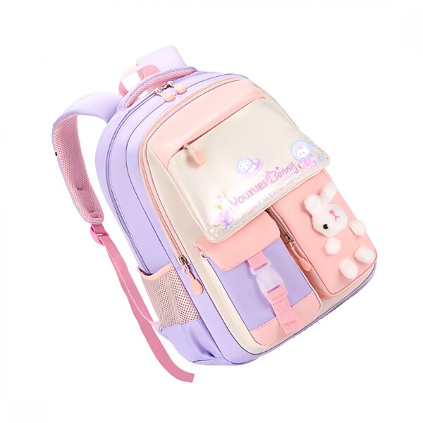 Mochila Kawaii Escolar Infantil Diseño Peluche Conejito Color Rosado
