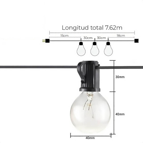 Guirnalda Guía Luces Vintage X25 + 2 Rep 7,62m Jardín Blanco