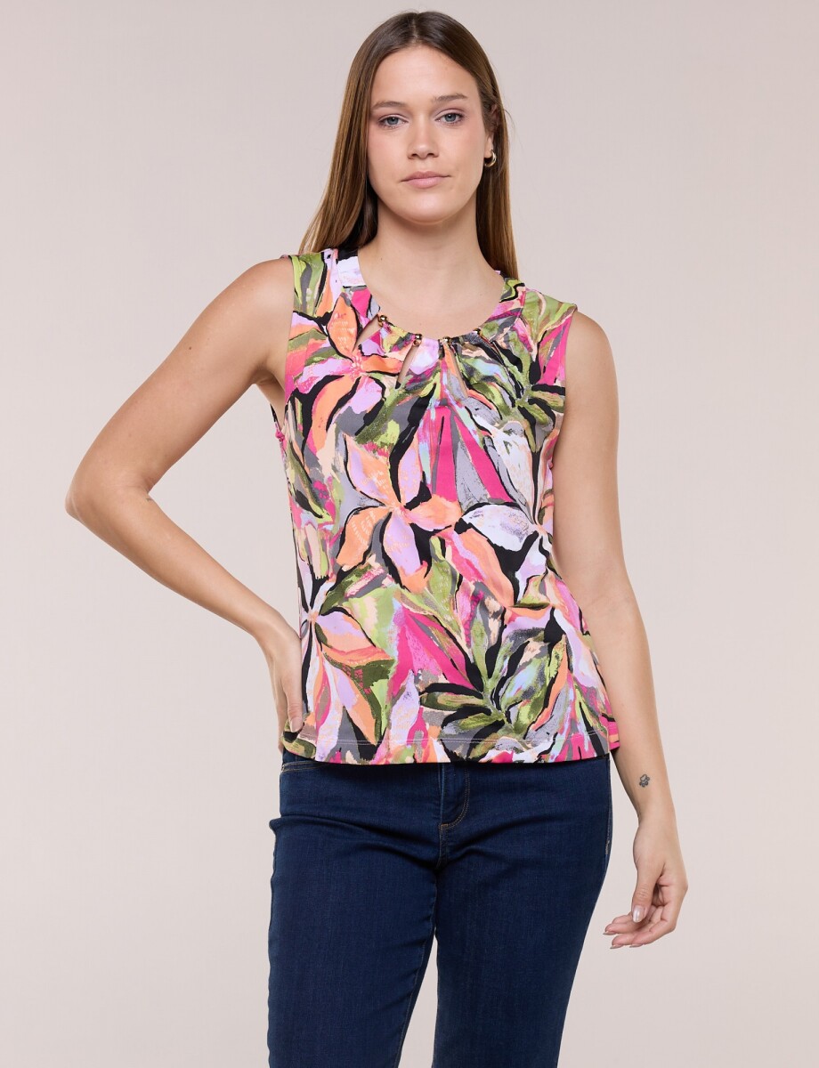 Blusa Escote Calado Y Cuentas Doradas - Multi/fucsia 
