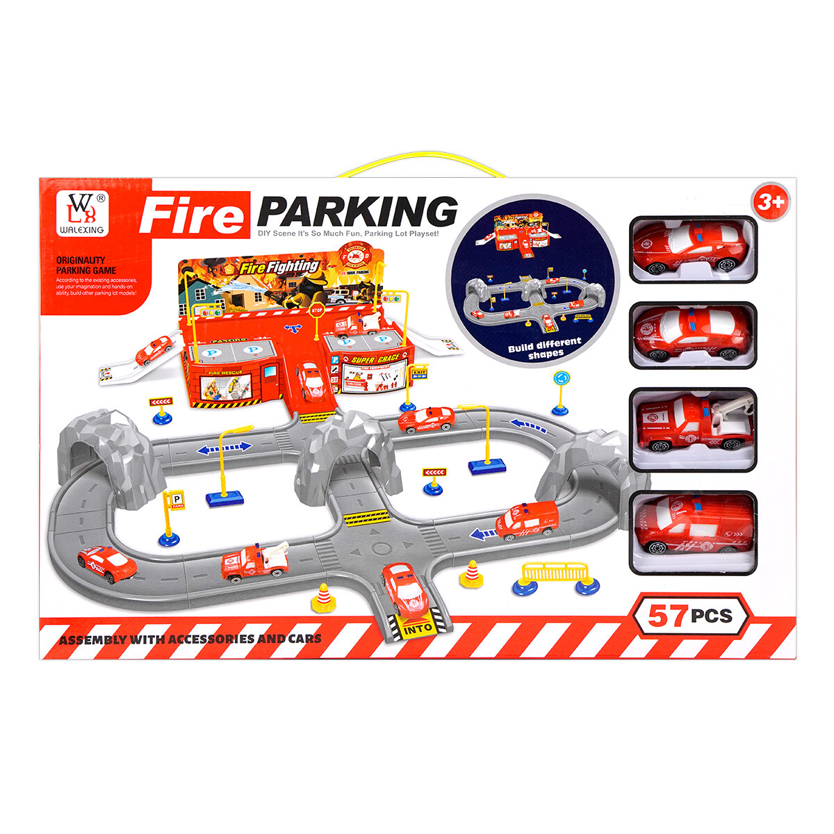 Parking bomberos 57pcs con 4 autos 