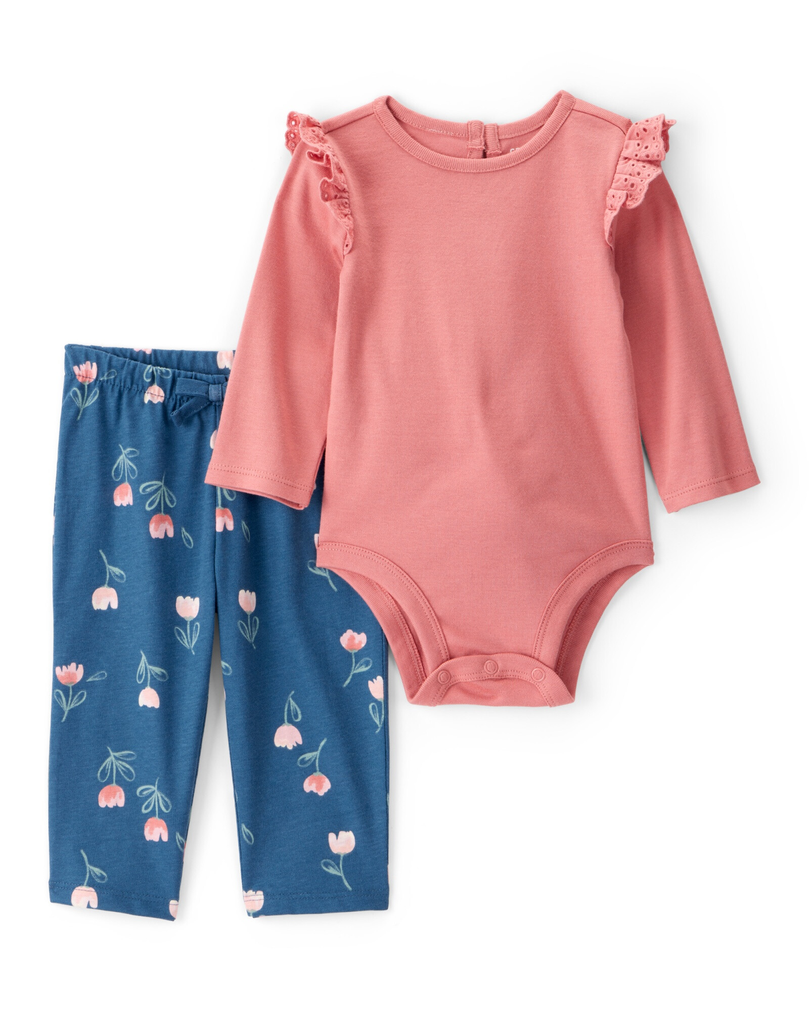 Set dos piezas de algodón, pantalón y body, diseño floral Set dos piezas de algodón, pantalón y body, diseño floral