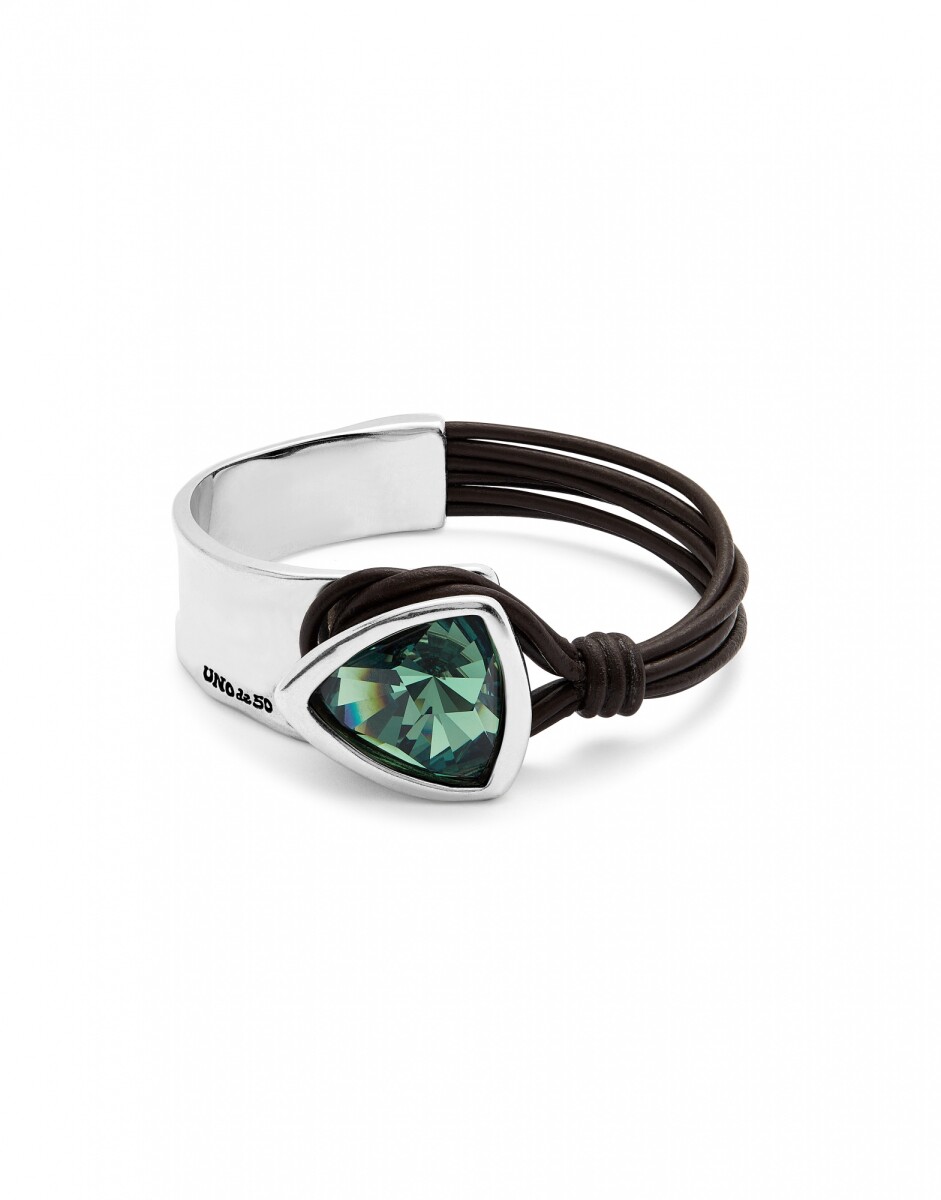 PULSERA RÍGIDA DE ALEACIÓN DE METALES BAÑADA EN PLATA DE LEY CON CUERO Y CRISTAL FACETADO VERDE - Pulsera 