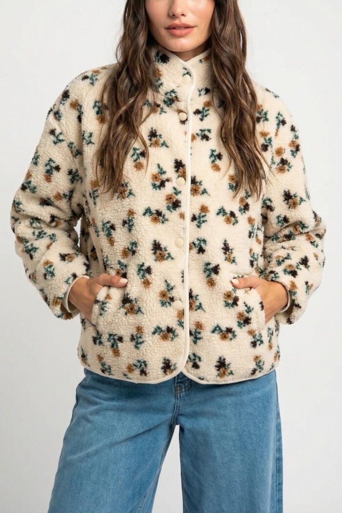 Campera Corderito Estampada Flores Nácar