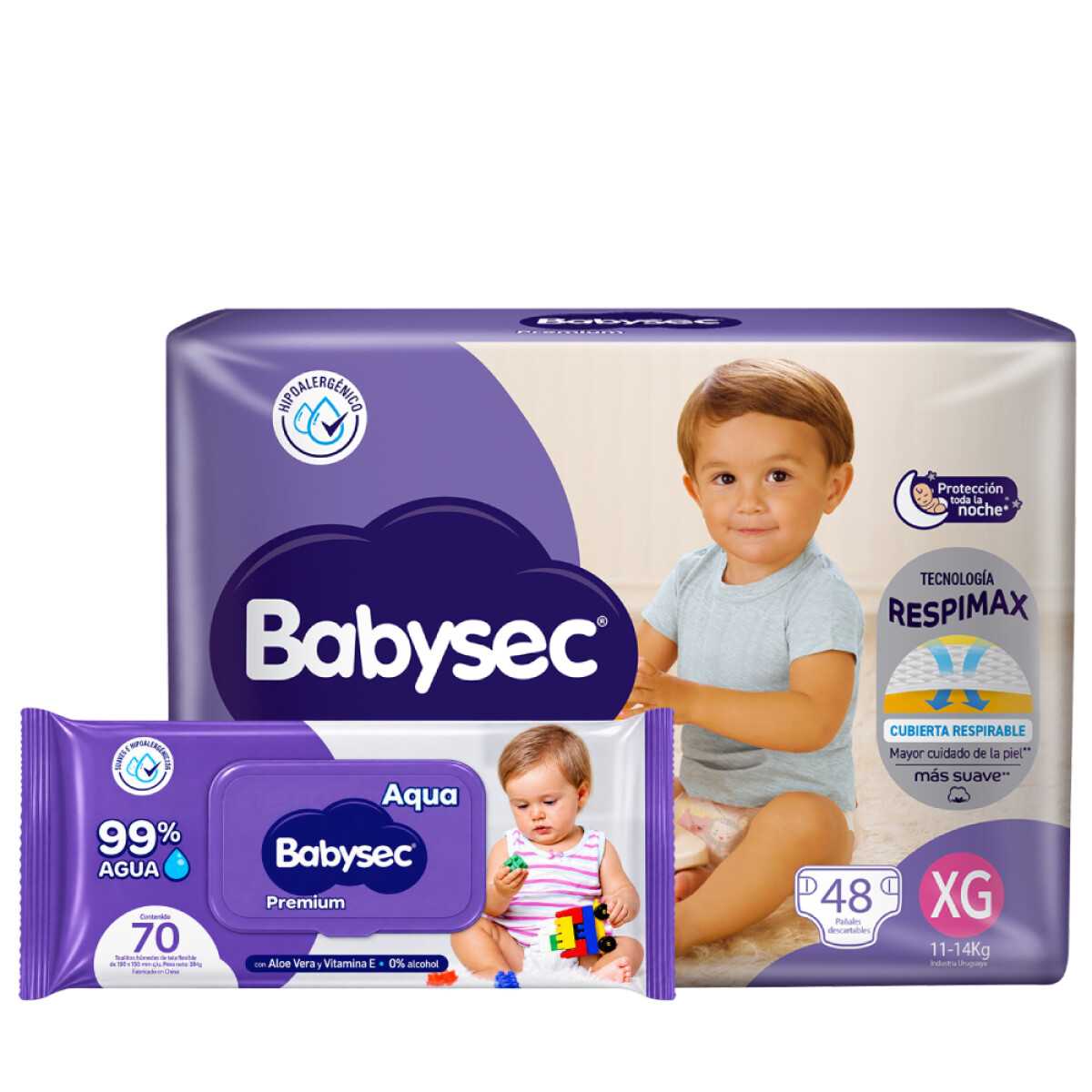 Pack Pañales Babysec Premium Jumbo Pack XG 48 Unidades + Toallitas Premium 99% Agua 70 Unidades 