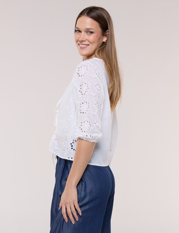 Cardigan Corto De Broderie Con Lazos Frontales CRUDO