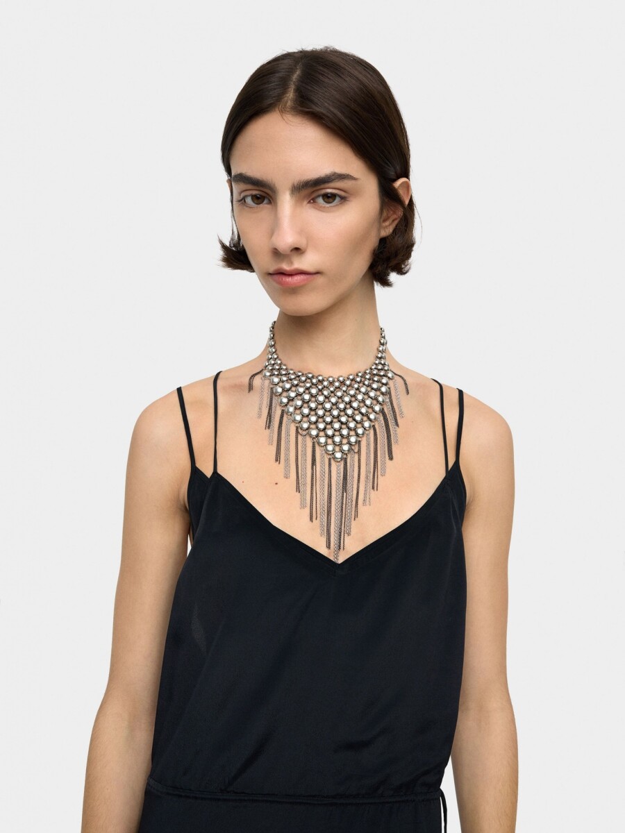 Collar Corto Babete Con Flecos Metálicos plateado