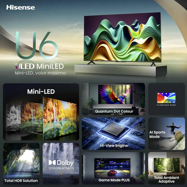 Smart Tv 65" Hisense Uled Miniled 4k Qled 65u6qv TV 65 HISENSE MINILED 65U6QV