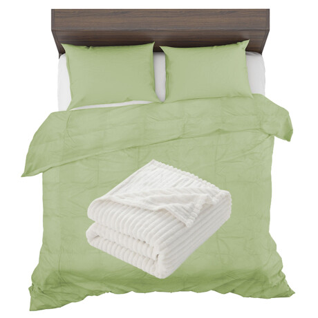 Set Invierno Acolchado Plumas King + Manta Frazada Polar Verde Claro