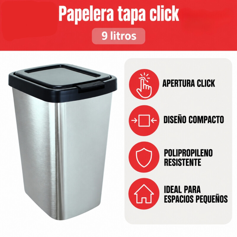 Papelera tapa click 9 plástico lts GRIS