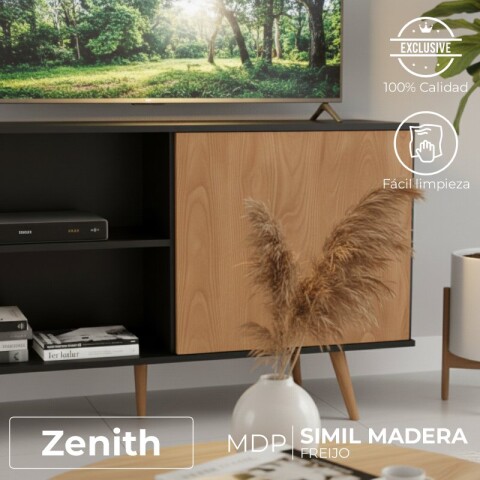 Mueble Rack de Tv Zenith de Piso con Puerta y Estantes 136 cm de Ancho - Negro / Freijo Mueble Rack de Tv Zenith de Piso con Puerta y Estantes 136 cm de Ancho - Negro / Freijo