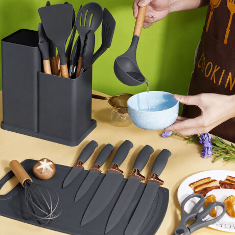 Set Utensilios Cocina 19Pz + Escurridor 2Niv Drenaje Autom Gris