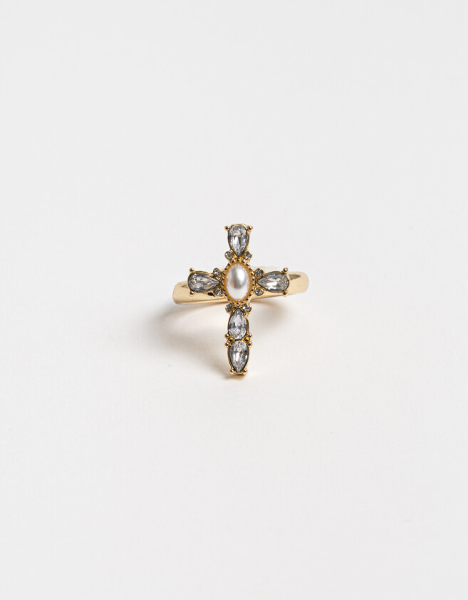 Anillos Medianos y Grandes Religioso Anillo Cruz Con Perla - Dorado