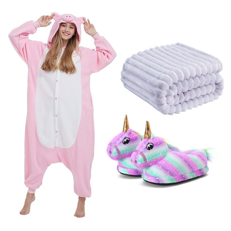 Set Adultos Pijama Entero Cerdito + Pantuflas + Manta Polar Rosa