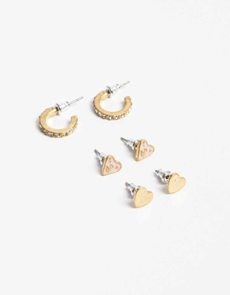 Aros Sets Metal Aros Sets De 3 Pares Corazón Y Strass - Dorado Oro Amarillo