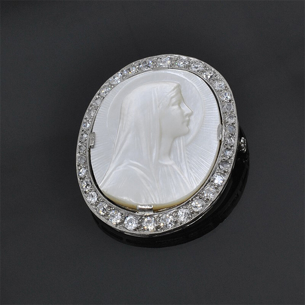Prendedor Antiguo Oro 18K Blanco, Brillantes, Diamantes Y Nácar, Punzones Franceses Prendedor Antiguo Oro 18K Blanco, Brillantes, Diamantes Y Nácar, Punzones Franceses