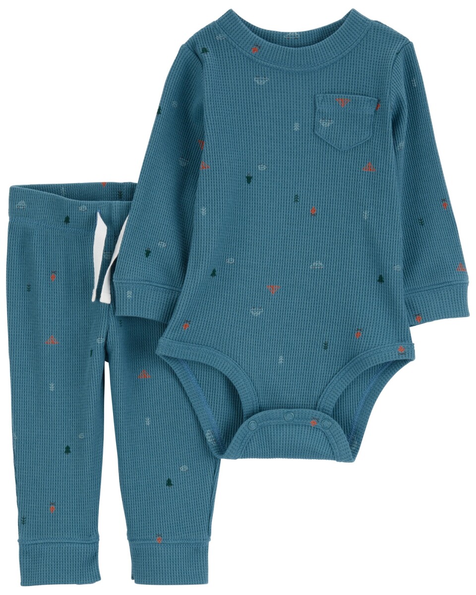Set dos piezas de algodón térmico, pantalón y body, diseño camping 
