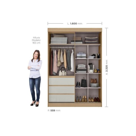Ropero Armario Bagdá Puertas Mixtas 2 Batientes y 1 Corrediza 3 Cajones Estantería y Espejo - Castaño Off White Ropero Armario Bagdá Puertas Mixtas 2 Batientes y 1 Corrediza 3 Cajones Estantería y Espejo - Castaño Off White