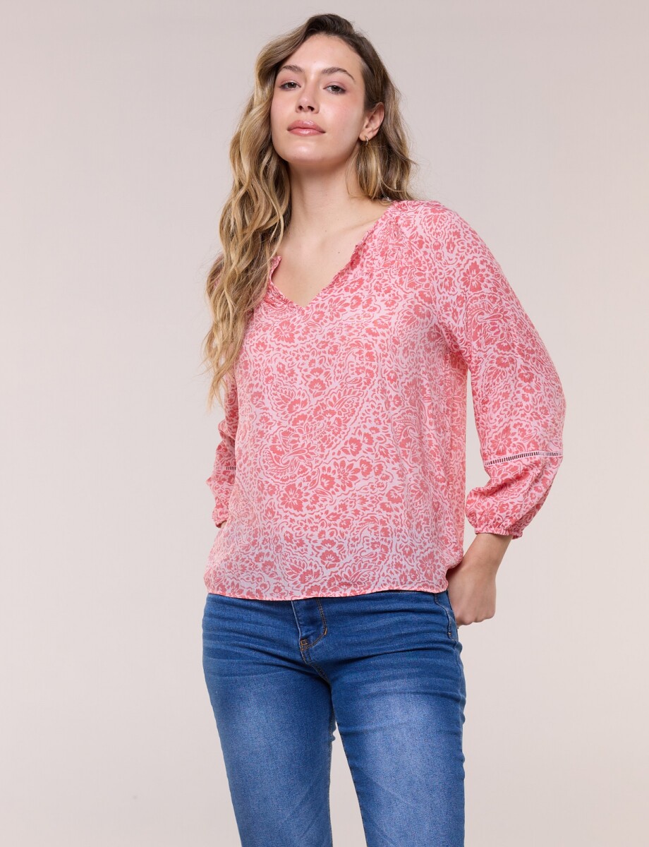 Blusa Con Detalles De Puntilla - Rosa/multi 