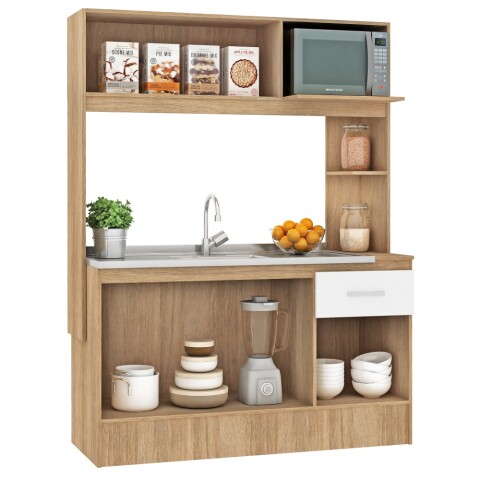 Kit de cocina compacta 4 puertas 1 cajón Patas Ajustables y Rieles Metálicos 141 x 50 x 185 cm Carvale / Blanco