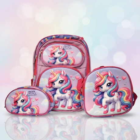Set Mochila Lonchera Cartuchera Escolar 3 Piezas Fucsia