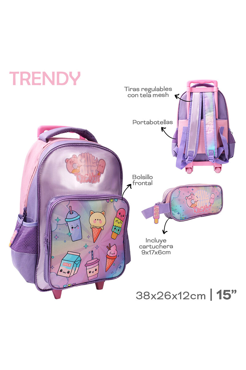 Mochila con carrito + cartuchera Trendy Lila