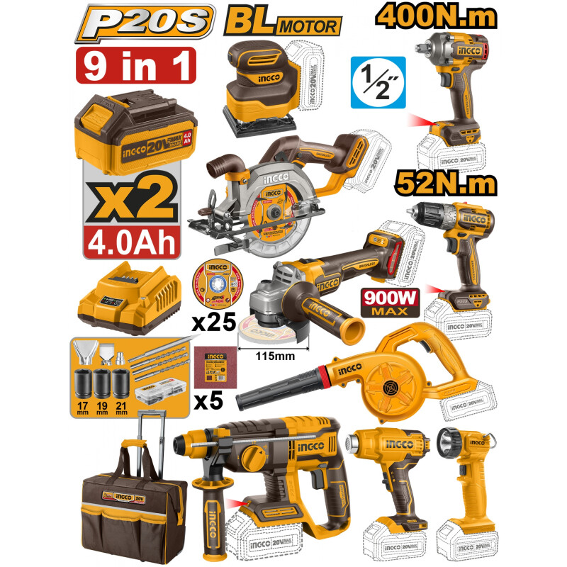 COMBO A BATERIA 20V 9 HERRAMIENTAS CON CARRO ROLLING C 2 BAT X 4.0AH INGCO CKLI2 COMBO A BATERIA 20V 9 HERRAMIENTAS CON CARRO ROLLING C 2 BAT X 4.0AH INGCO CKLI2