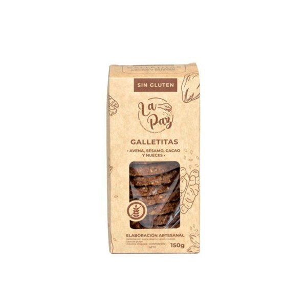 Galletita de avena, sésamo, cacao y nueces 150g La Paz sin Gluten Galletita de avena, sésamo, cacao y nueces 150g La Paz sin Gluten