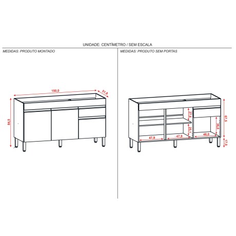 Modulo Bajo Mesada Sin Tapa Tres Puertas De 1.50Cm GRIS