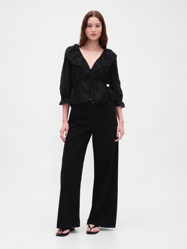 LS RUFFLE COLLAR TOP TRUE BLACK