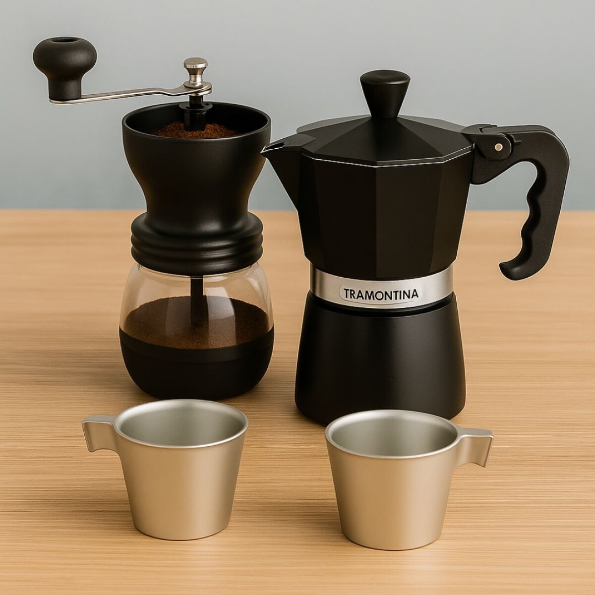 PACK CAFETERA TRAMONTINA + MOLINILLO MANUAL + 2 TAZAS 220ML 