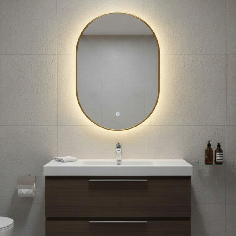 Espejo Vertical Lumax Moddy Marco Ovalado y Luz Led 50x70cm Dorado