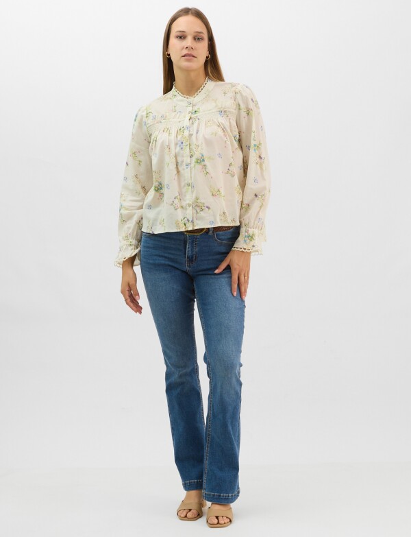 Blusa De Algodón Estampado Con Puntilla CRUDO/MULTI