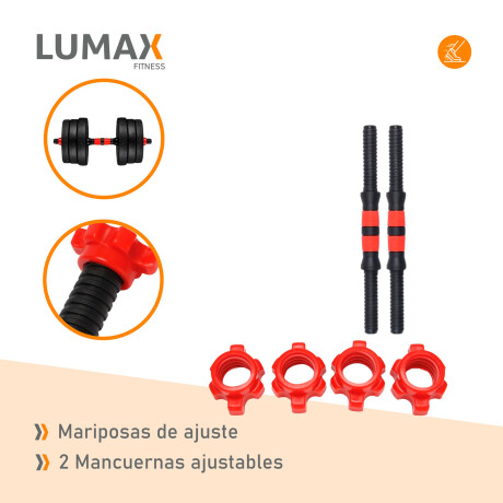 Set 2 Mancuernas Lumax + Barra 2 En 1 + 39kg Discos Pesas Rojo