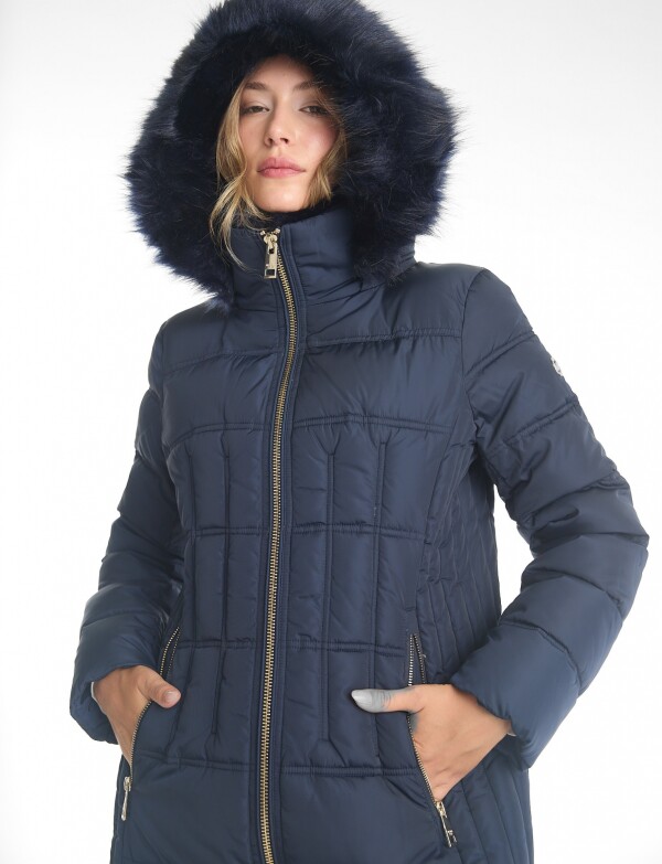 Campera Puffer Larga & Capucha Desmontable AZUL
