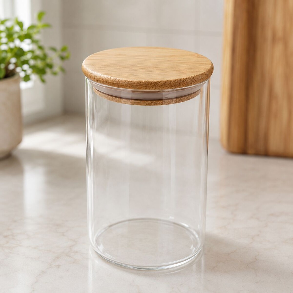 FRASCO DE VIDRIO 550ML CILÍNDRICO CON TAPA DE MADERA 