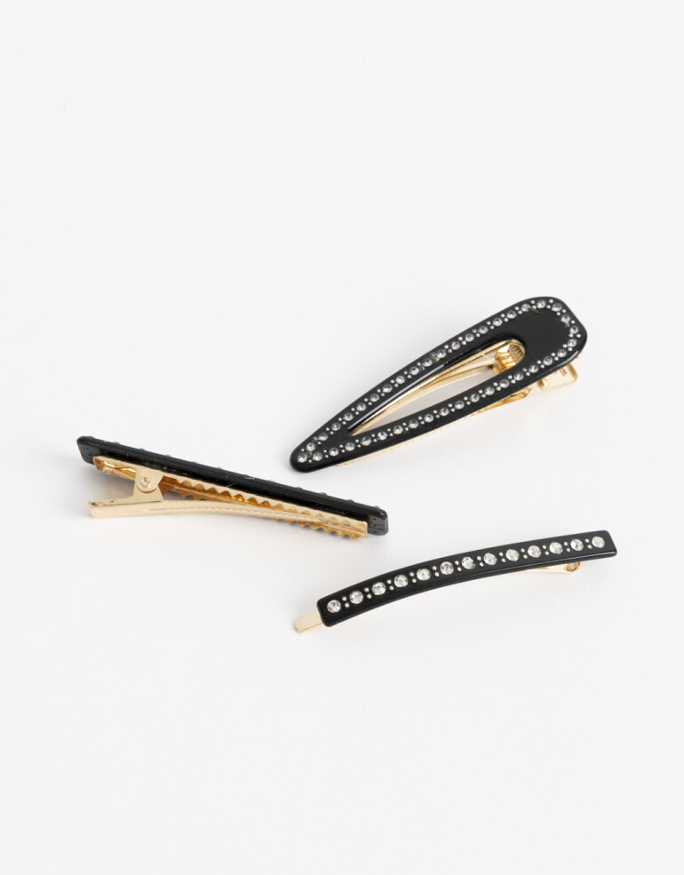 Horquillas con Accesorios Strass Set De 3 Horquillas Mix Formatos De Acrílico Con Strass. - Negro