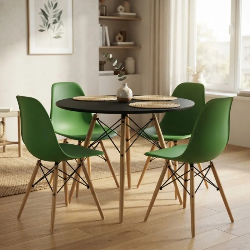 Juego de comedor Con Mesa Circular de 80cm + 4 Sillas Eames Verde/Negro