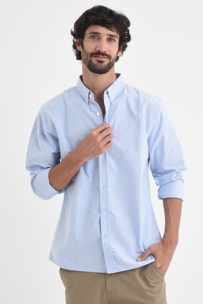 Camisa manga larga oxford - Celeste con micro raya blanca 