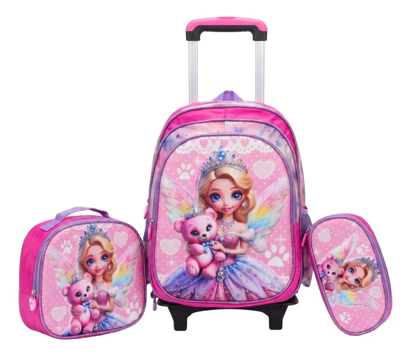 Mochila con carrito, lonchera y cartuchera. - Princesa oso rosa 