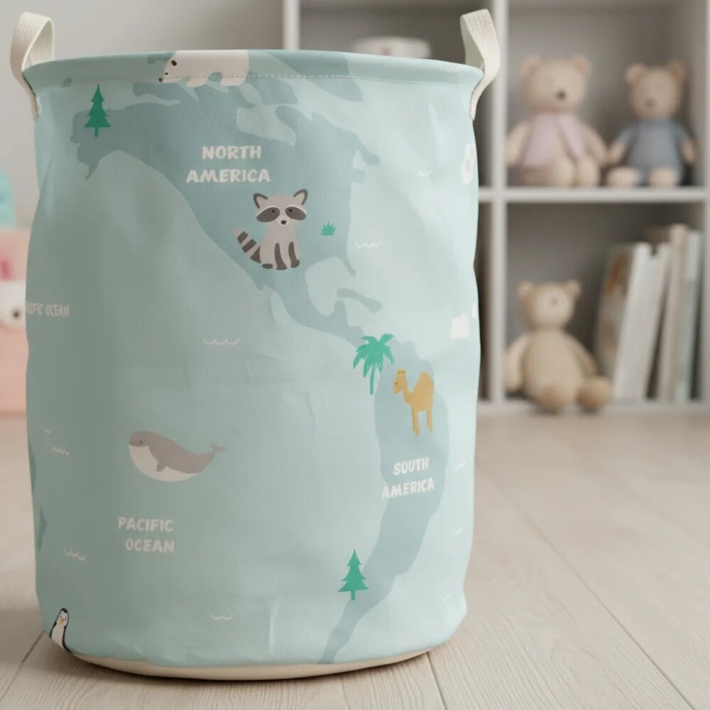 Cesto tela organizador mapa animales celeste