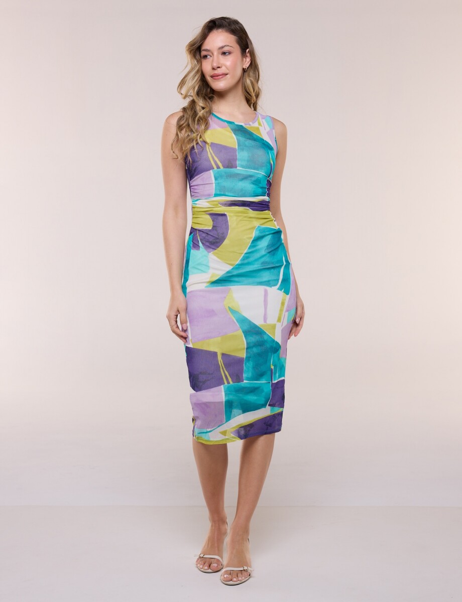 Vestido Midi Frunces - Multi/verde 