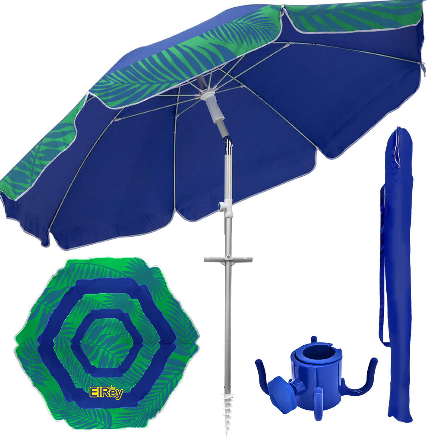  CYYS Sombrilla de playa grande resistente al viento, sombrilla  de patio al aire libre con anclaje para arena, sombrilla de mesa con  protección UV, 8 varillas, azul, 6.5 pies (color: azul