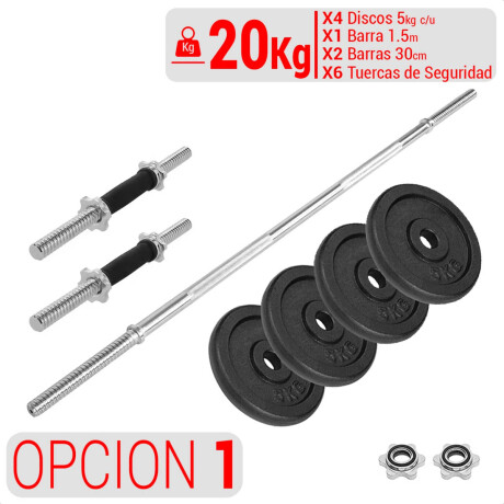 Set 2 Mancuernas + Barra 1.5m + 20 Kg Hierro Compacto 4 Discos 5Kg