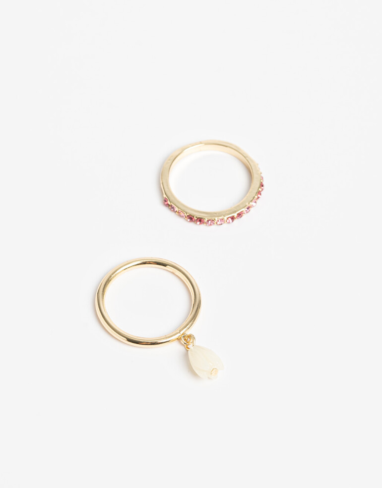 Sets Anillos Con Dijes Anillo Set Flor Nácar Con Strass. - Dorado