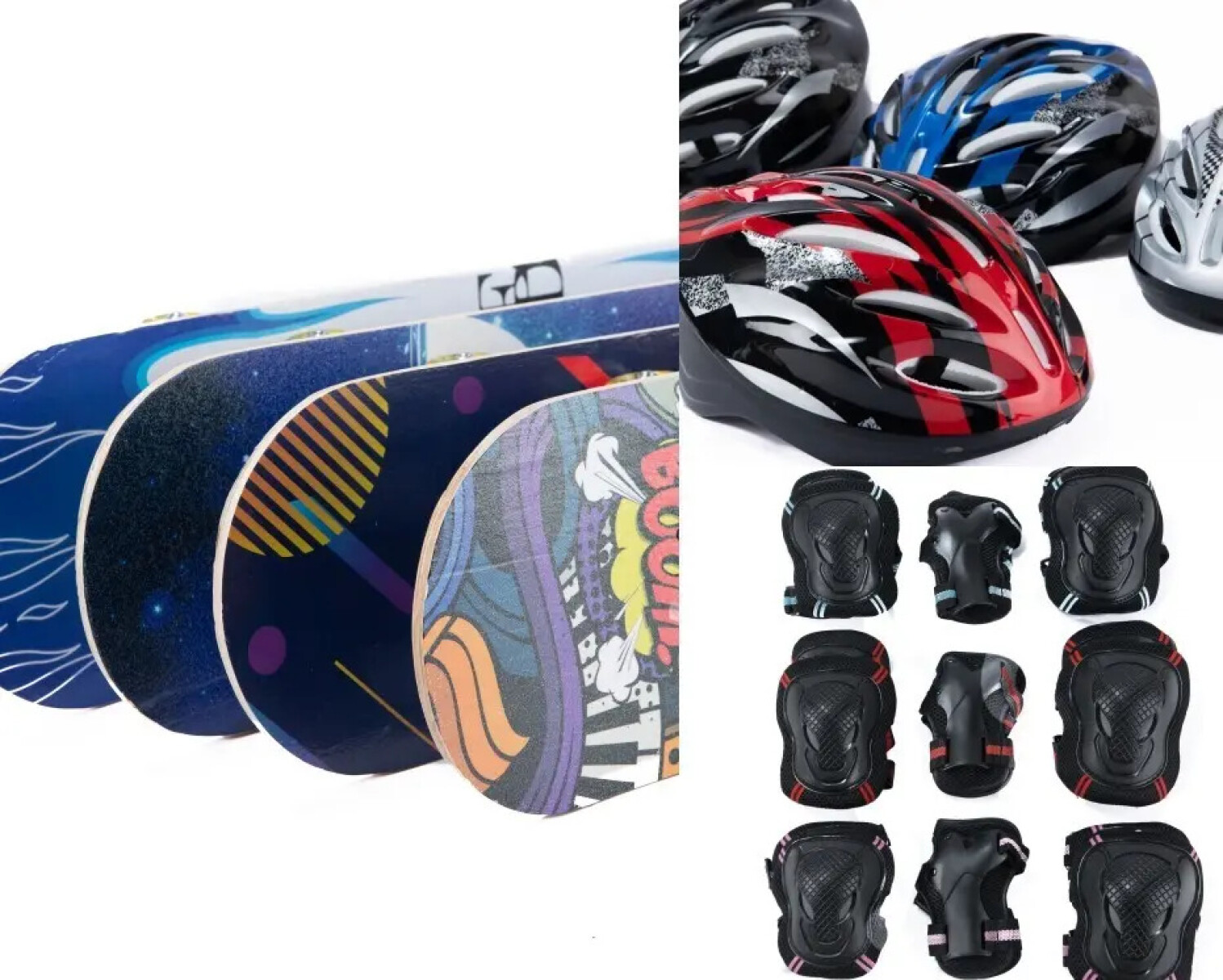 Set de patineta madera de 80cms + Set de protección + casco desde 8 años 