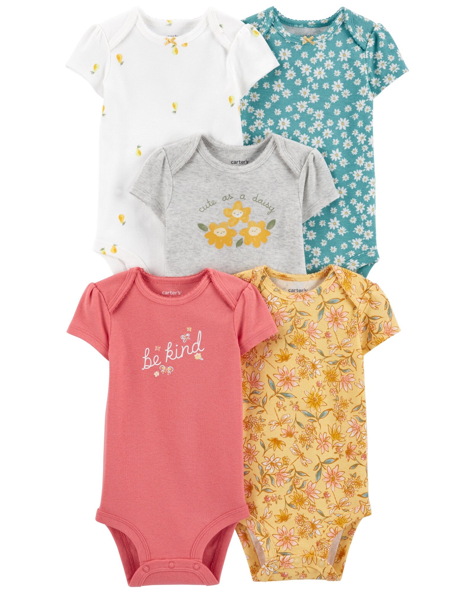 Pack cinco bodies de algodón, manga corta, diseño floral Sin color