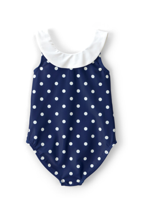 Malla de baño 1 pieza con protección UPF 50+, azul marino, diseño lunares. Talles 2-5T Sin color